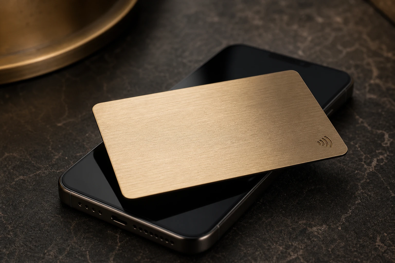 Champagne-gold metal NFC card beside a smartphone