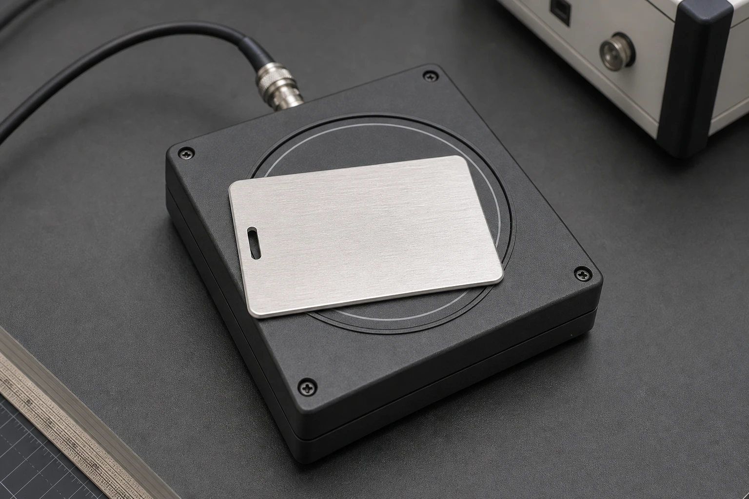 Brushed metal RFID card on an LF reader test bench