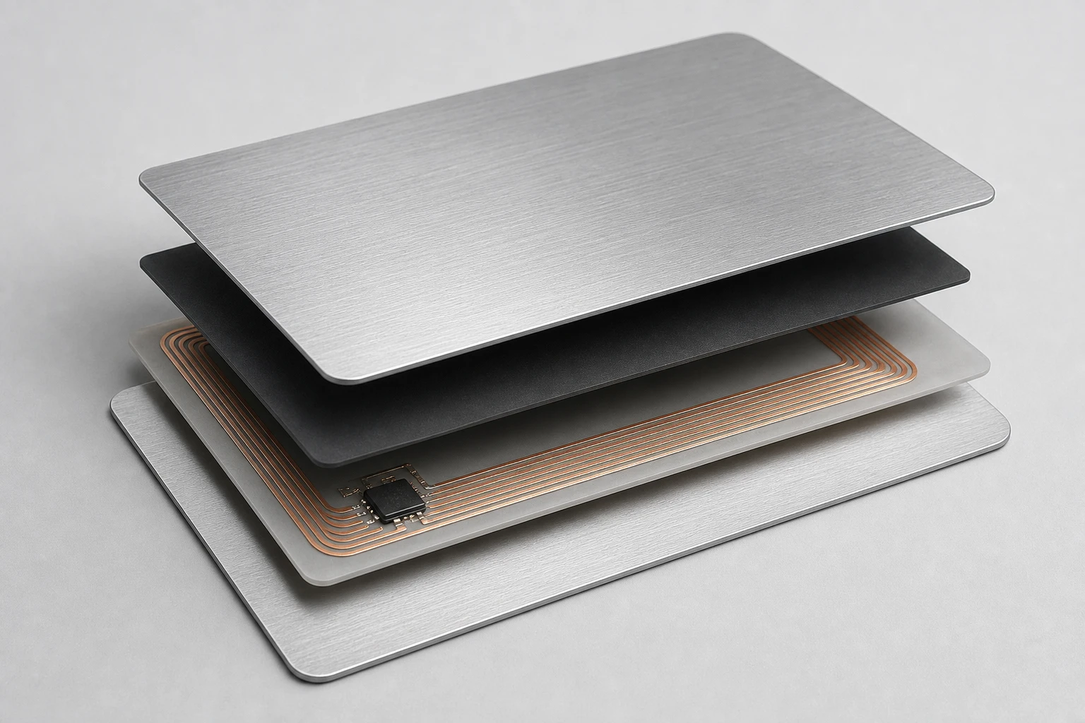 Exploded metal RFID card shielding and antenna stack