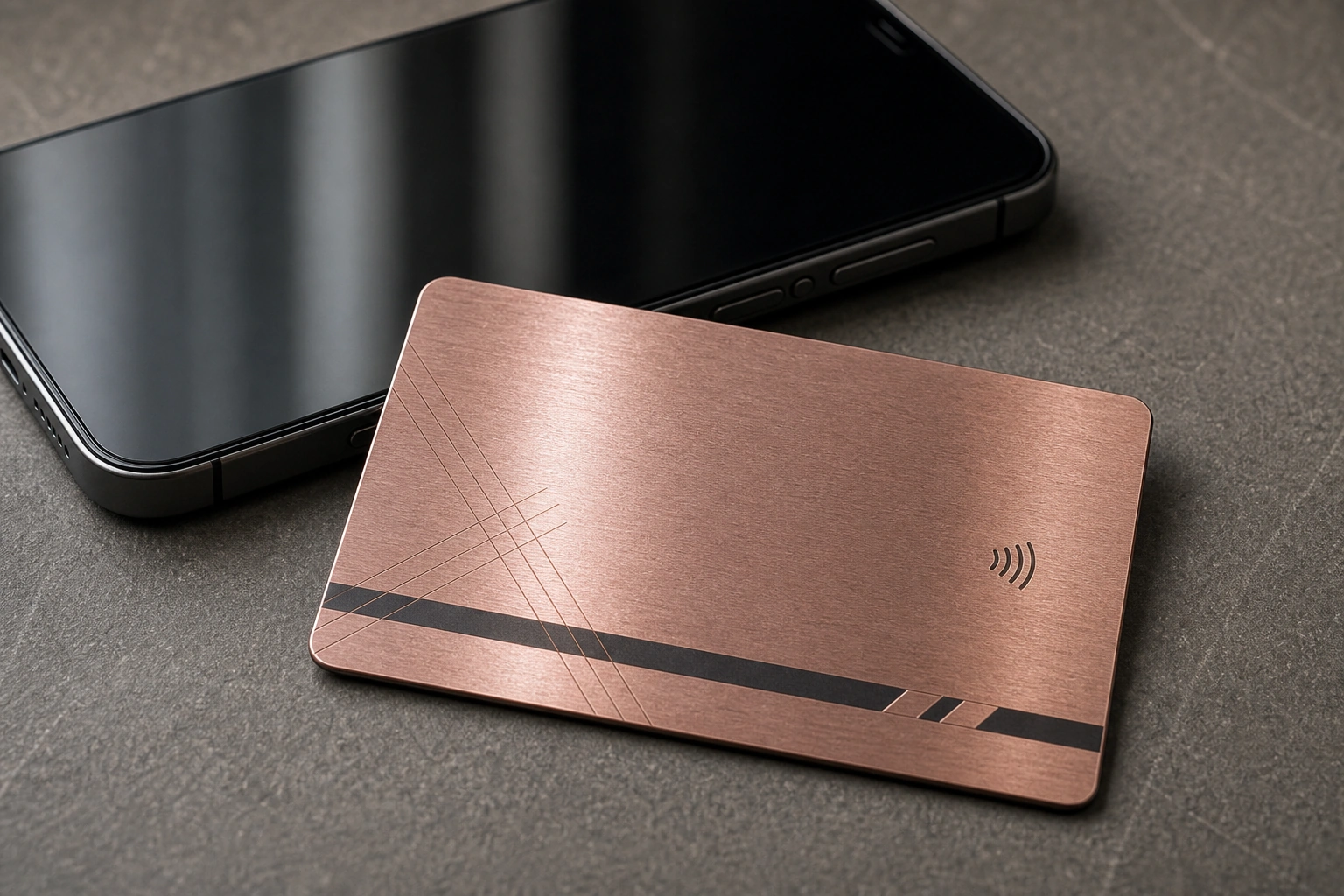 Rose gold NFC tap use beside smartphone