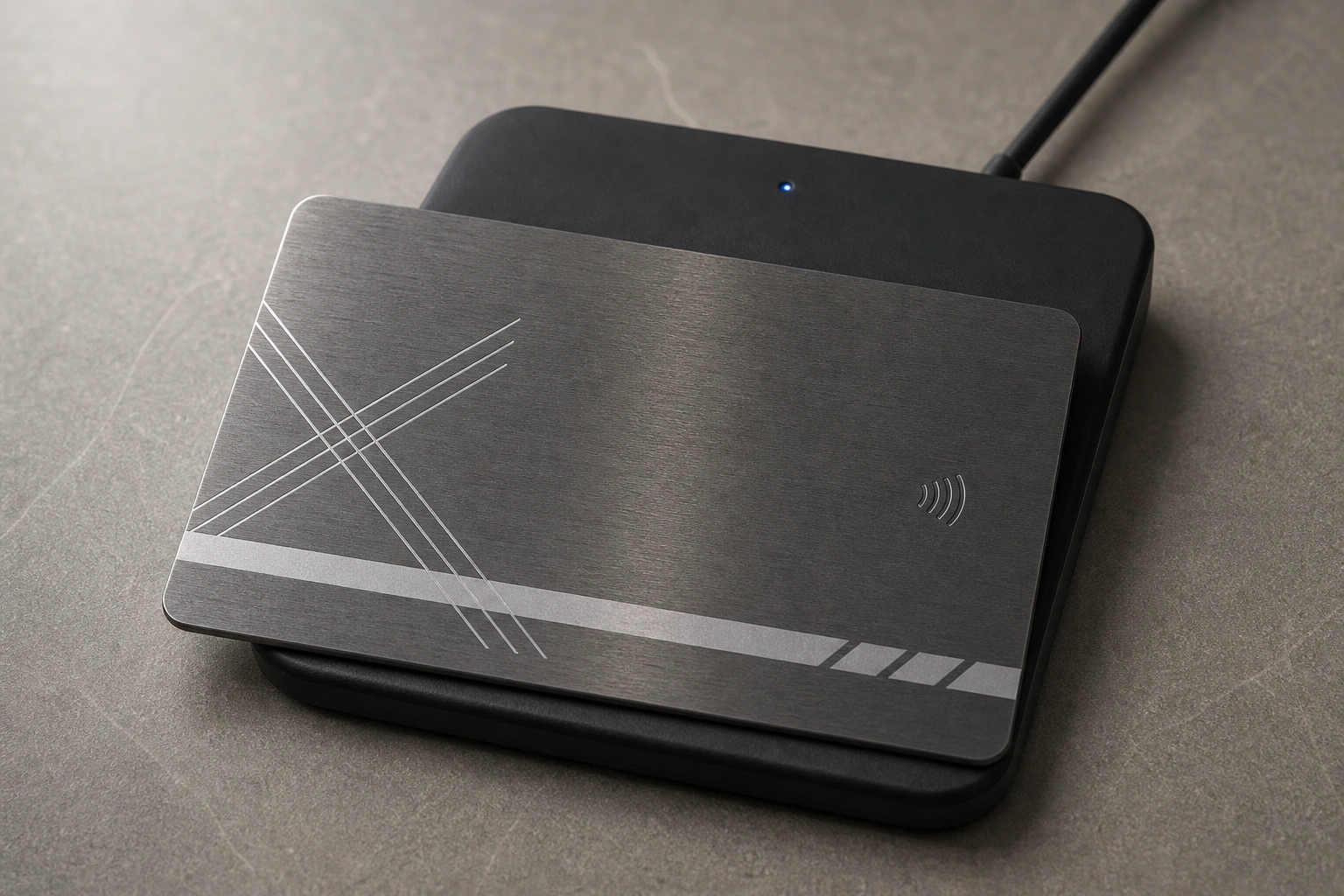 Titanium / gunmetal card on RFID reader
